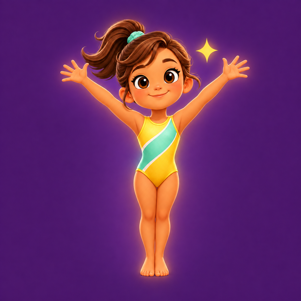 Gymnastics World game icon: a gymnast in a yellow and mint leotard on purple.